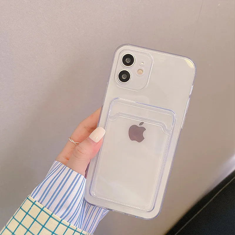 Case Transparente com Carteira Para IPhone 11, 12, 13, 14 Mini, Pro, X, XS Max, XR, 7, 8 Plus e SE, Capa de Celular Clara à Prova de Choque com Suporte Para Cartão de cor Sólida, Capinha Capa Porta Cartão, Case Choque TPU com Slot Para Cartão, Silicone Premium, Cristal,  Case Para IPhone, Capinha Protetora Para IPhone, Case IPhone Translucida, Capinha IPhone, Case Protetora Para IPhone, Case Diferente, Capinha Diferente, Capinhas Diferentes, Case Macia Para IPhone - LOJAS LABRU